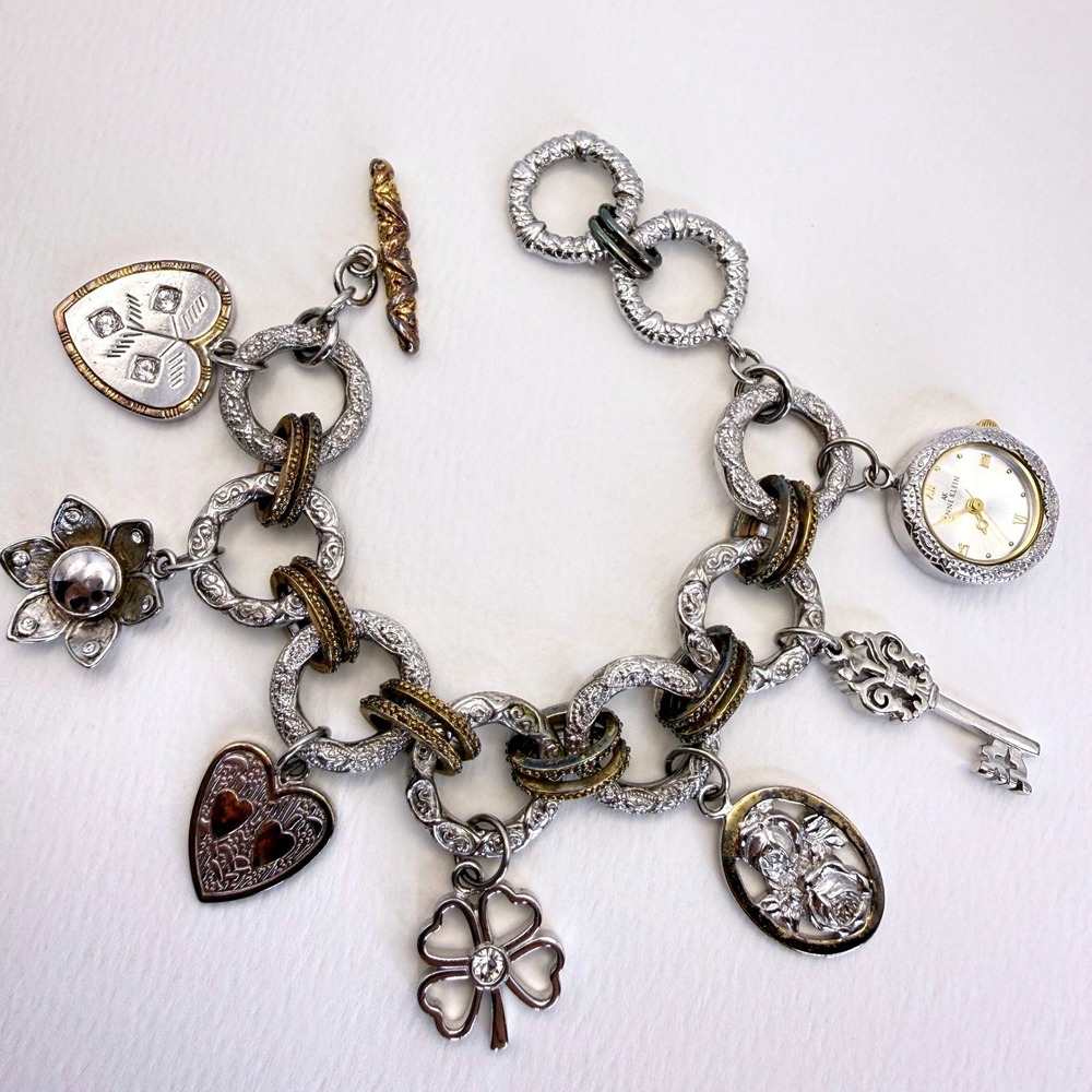 Anne Klein Watch Charm Bracelet Heart Key Clover Silver NEW BATTERY Watch Works